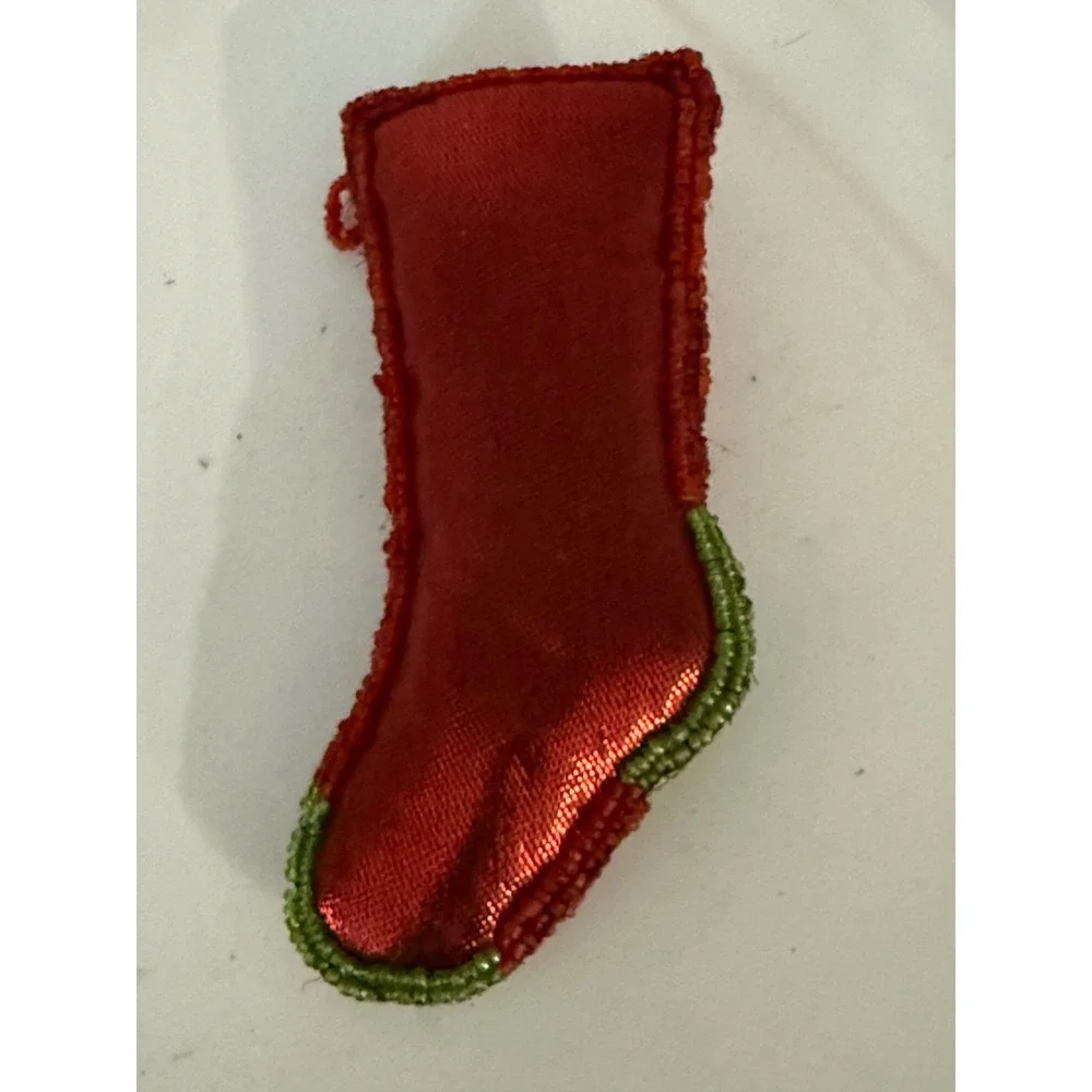 Vtg Beaded Christmas Stocking Ornament Red Green White Seed Bead Holiday Decor